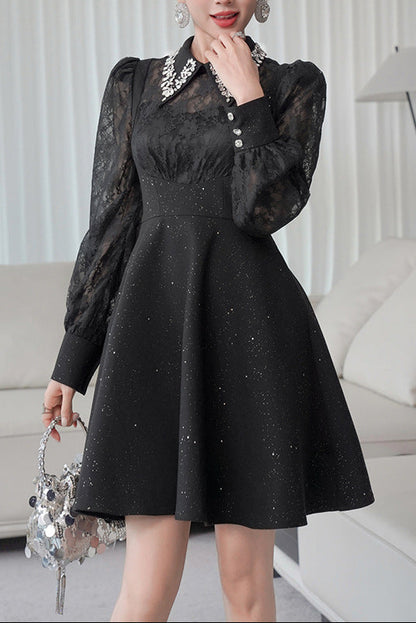 lynn black rhinestone collar neck lace hollow sleeve mini dress