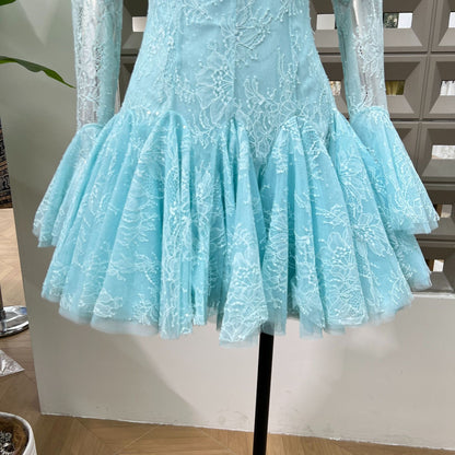 blue  Embroidered Flared Mini Dress