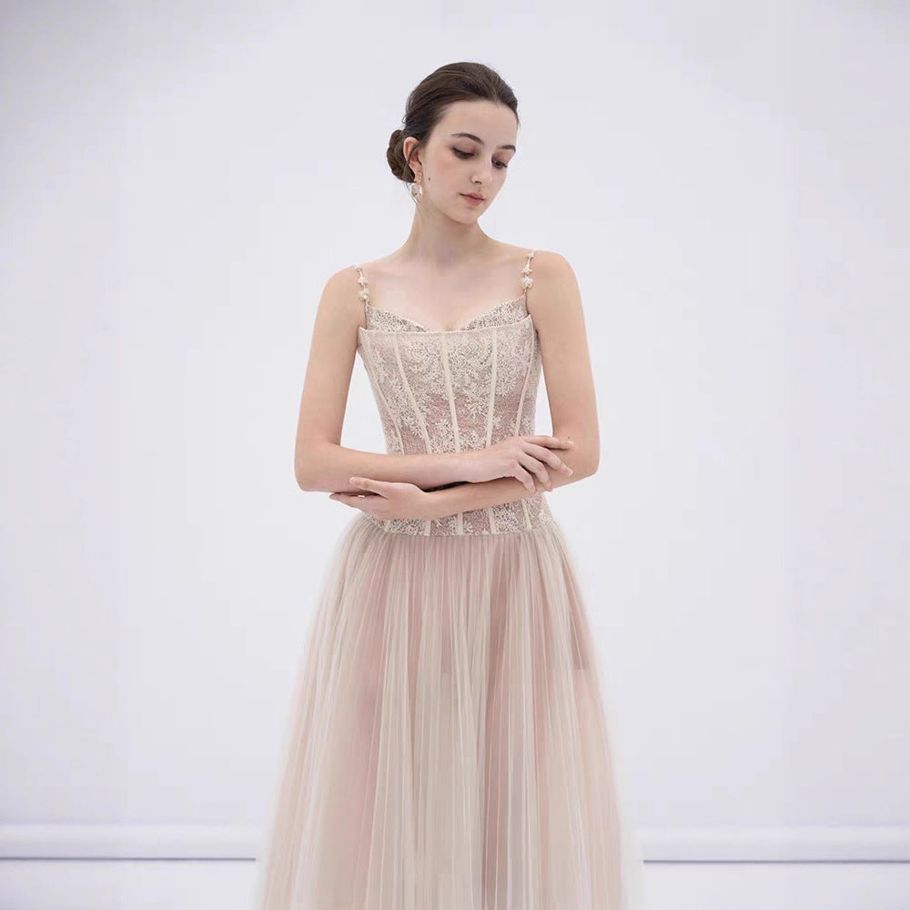 Alani Apricot Lace Mermaid Spaghetti Strap Tulle Dress