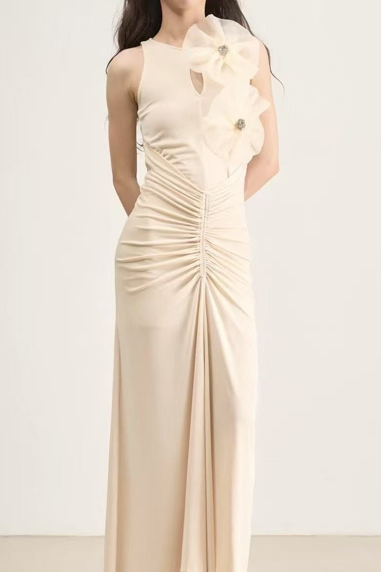 nicola Flower bow pleated bodycon maxi dress in white