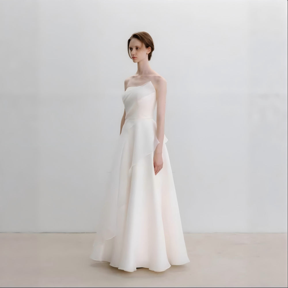 Lyuba White French Lightweight High-End Strapless Slim Fit Simple Maxi Dress