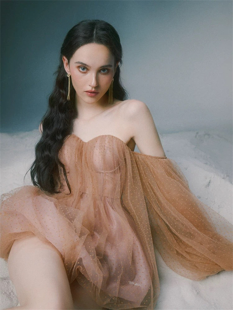 winni strapless mesh mini dress in kahki