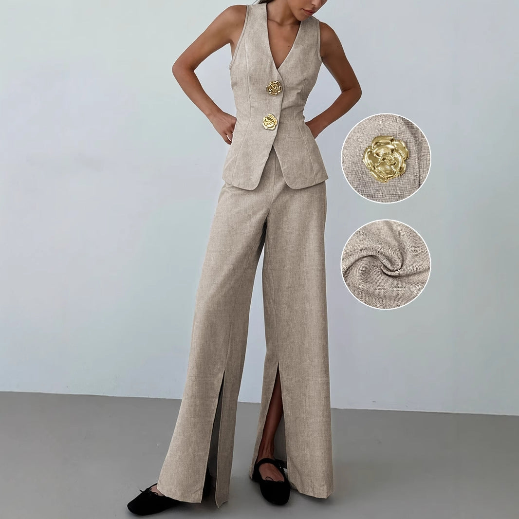 Khaki High Waist Front Slit Wide Leg Suit Pants Textured Linen Blend Office Trousers