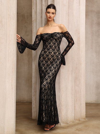 anna One-shoulder lace long sleeves maxi dress in black