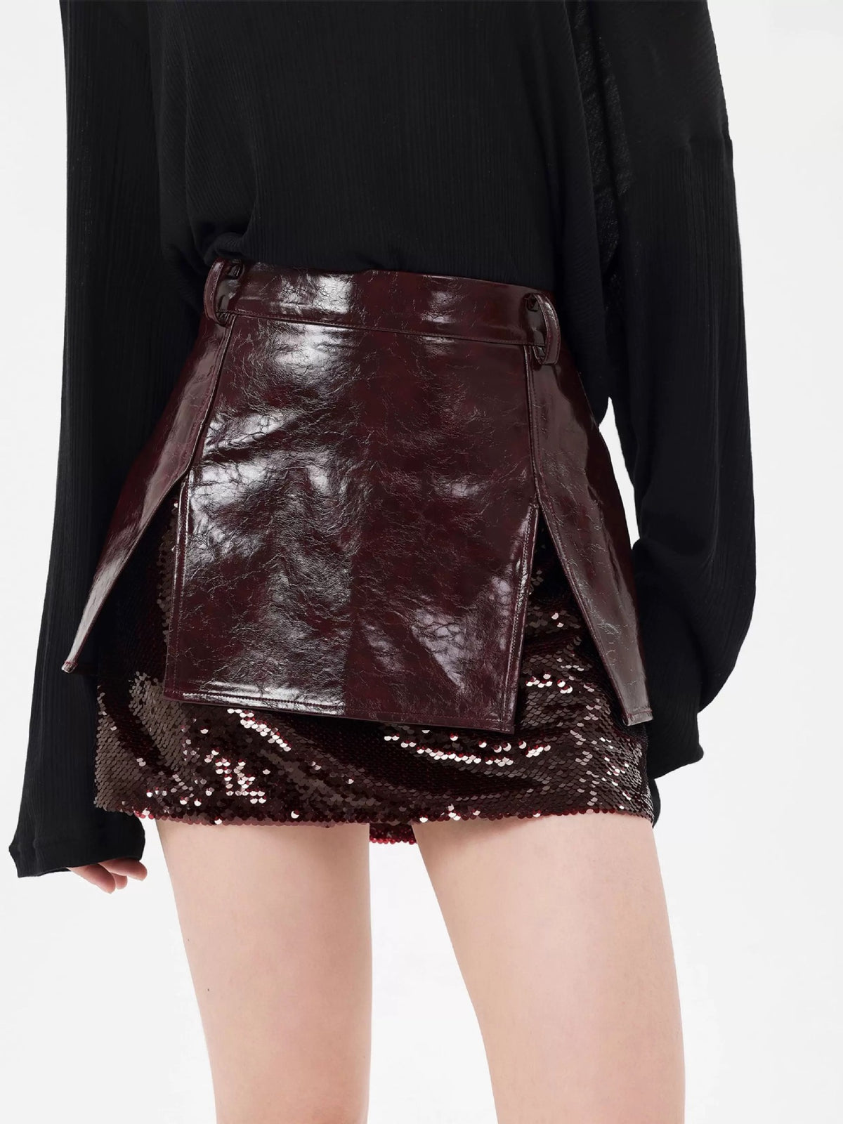 camille sequin embellished leather mini skirt in burgundy