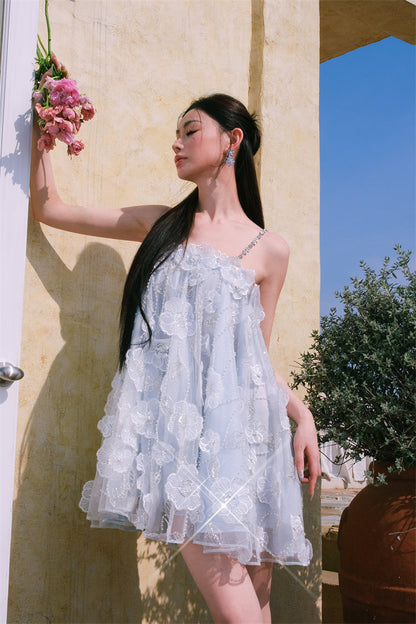 Tutu Light Blue Sleeveless Flower Diamond Short Doll Dress