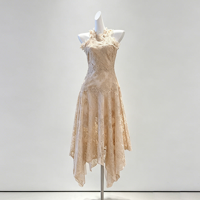 Beige Peach Floral Lace A-Line Midi Dress