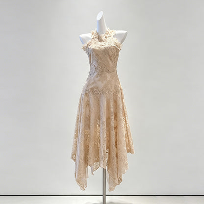 Beige Peach Floral Lace A-Line Midi Dress