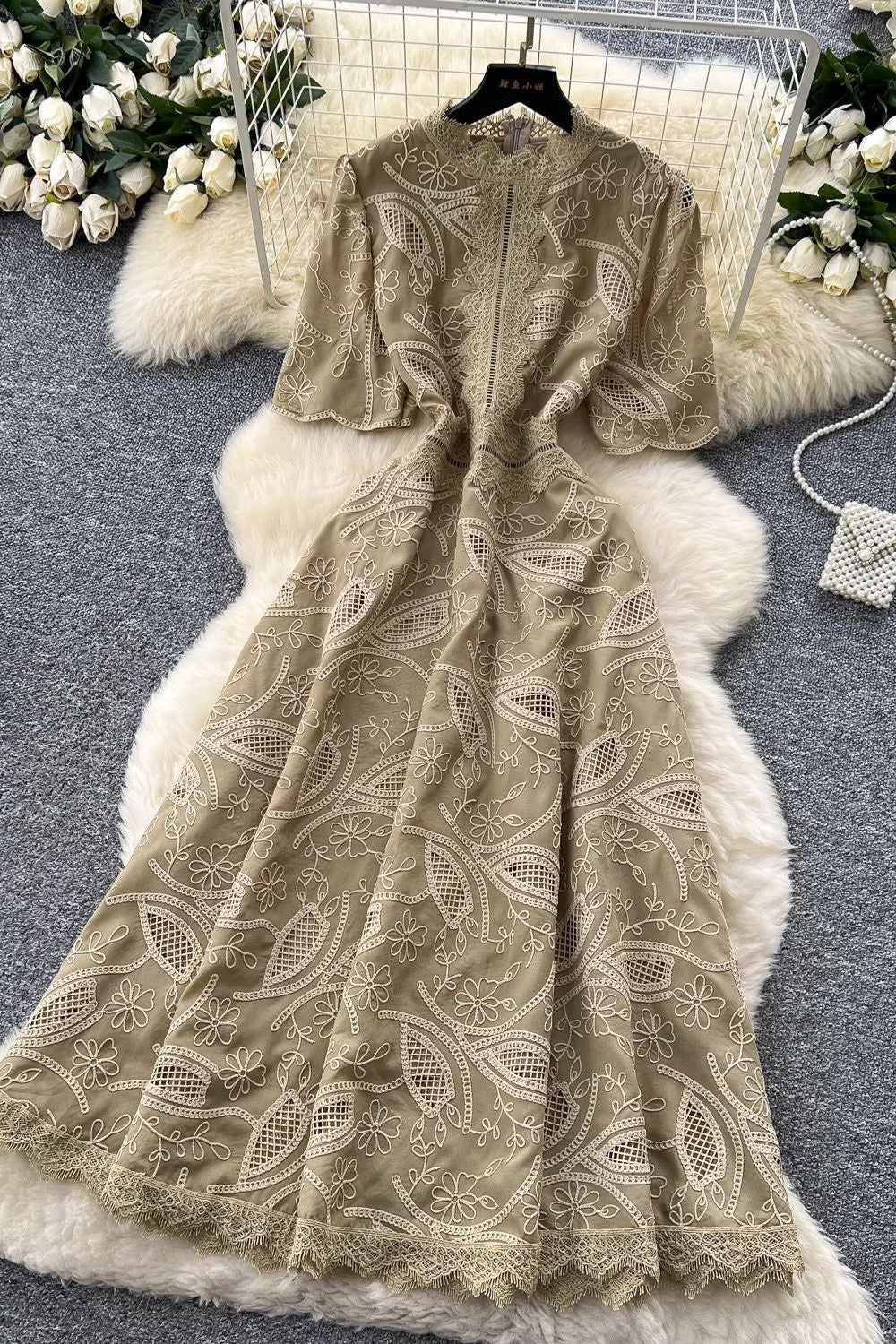 Beige Embroidered Organza A-Line Midi Dress