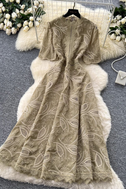 Beige Embroidered Organza A-Line Midi Dress