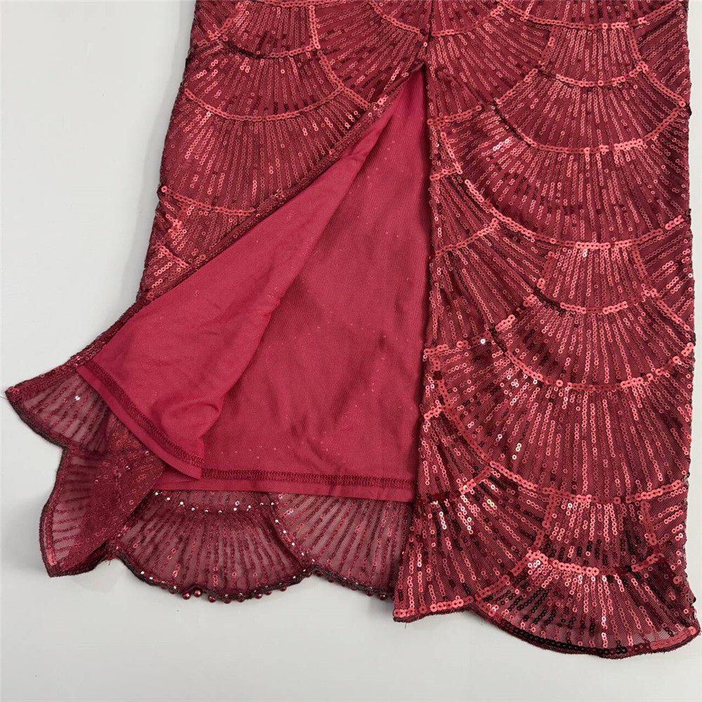 burgundy sequined mesh column gown