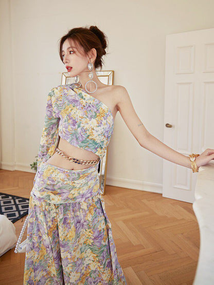 dolores French-style printed off-shoulder single-sleeve slit mini dress