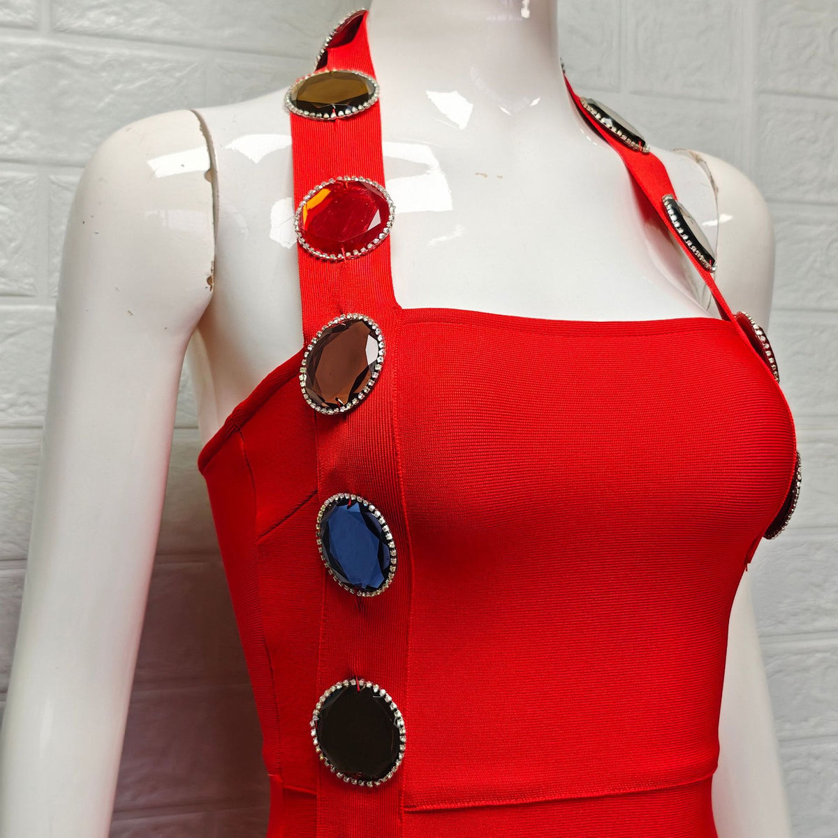 red heavy stretch crepe column dress