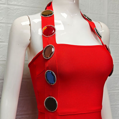 red heavy stretch crepe column dress