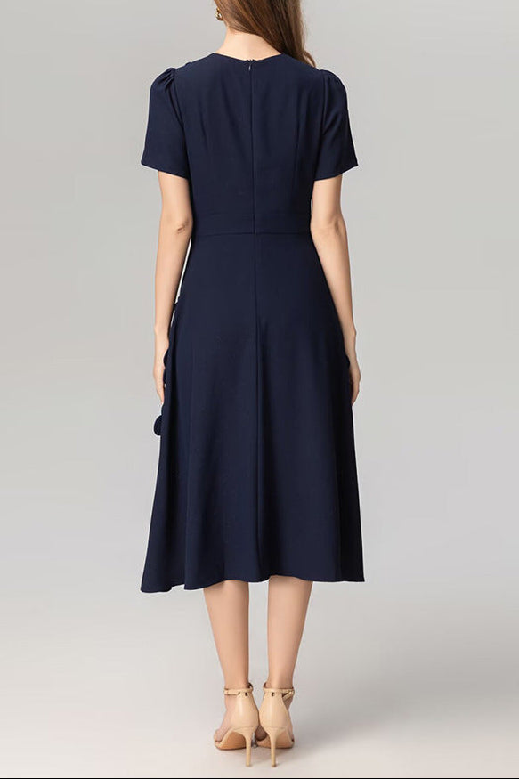 katherine 3d flower appliqué midi dress in navy blue