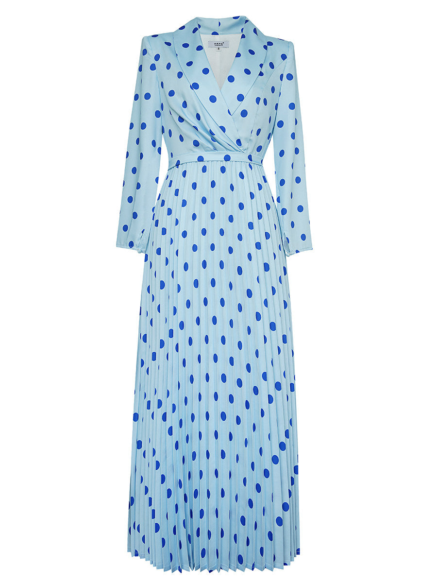 blue polka dot v-neck long sleeve pleated dress