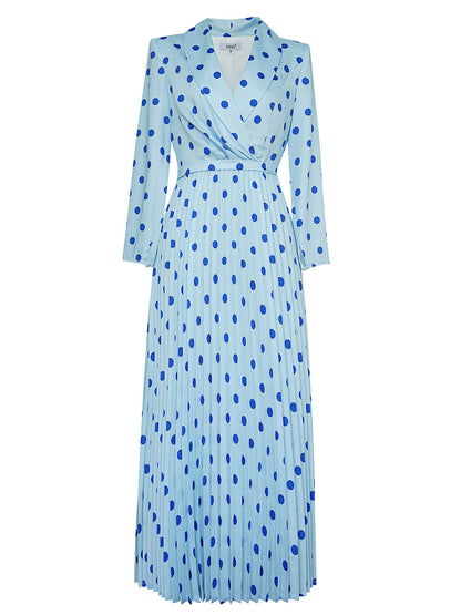 blue polka dot v-neck long sleeve pleated dress
