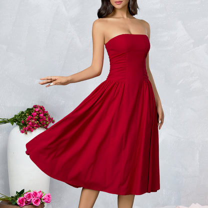 Strapless Side Ruched Flared Midi Dress