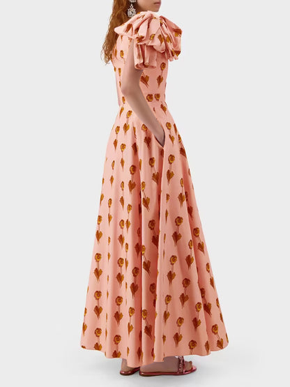 pink printed bows slanted shoulders dress