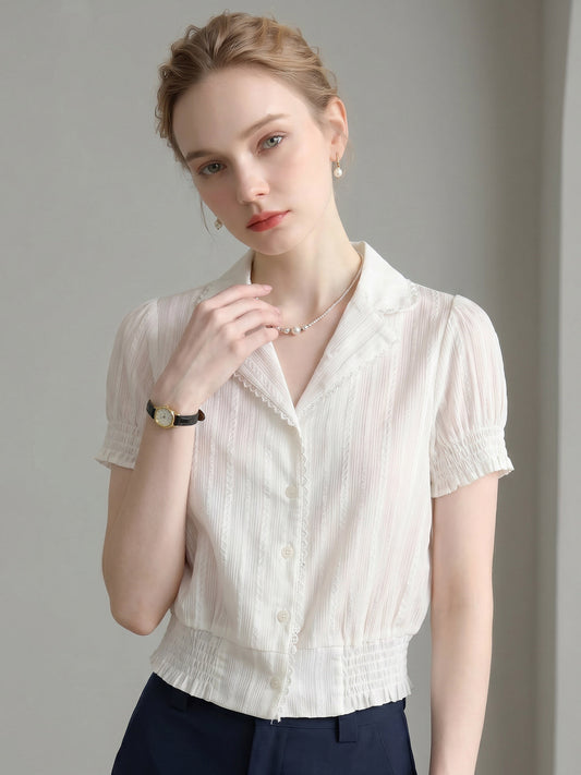 Lace Trim Notched Collar Ruched Crop Short Sleeve Blouse
