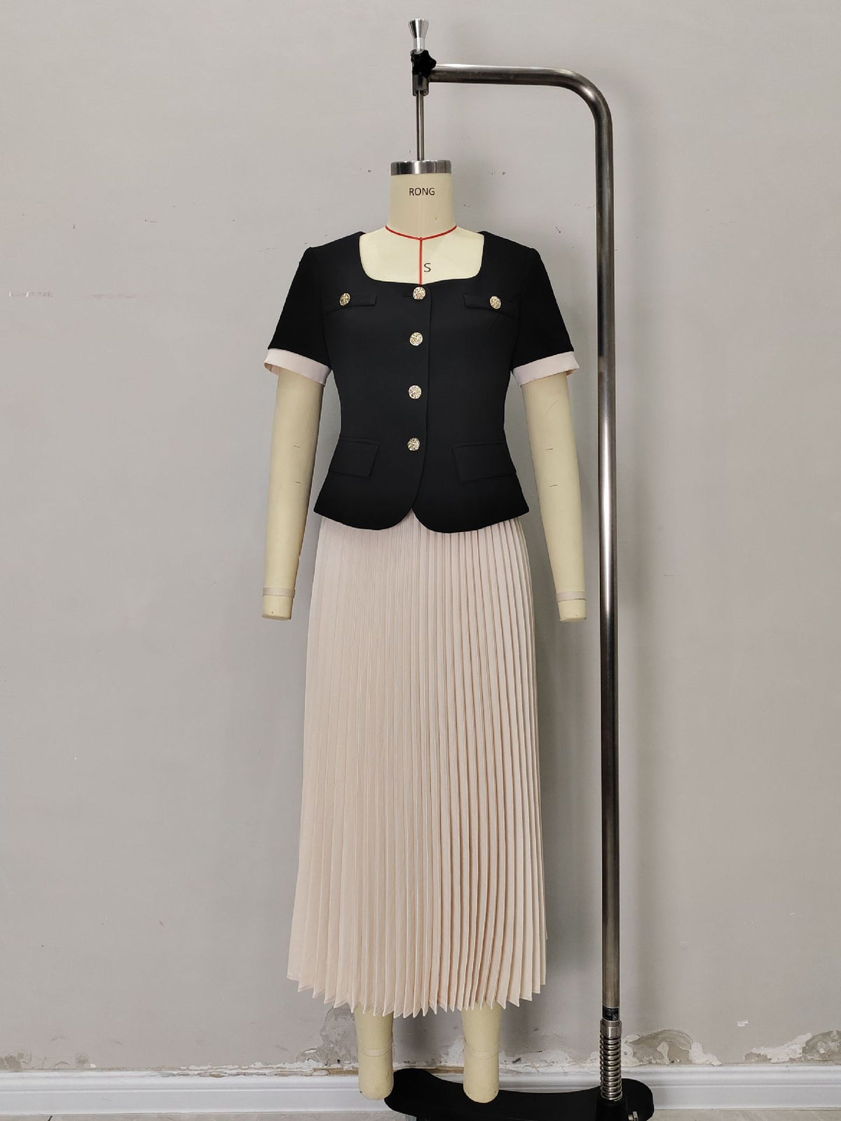 Black Square Neck White Cuff Gold Button Short Jacket & White Pleated Midi Skirt Two-Piece Set