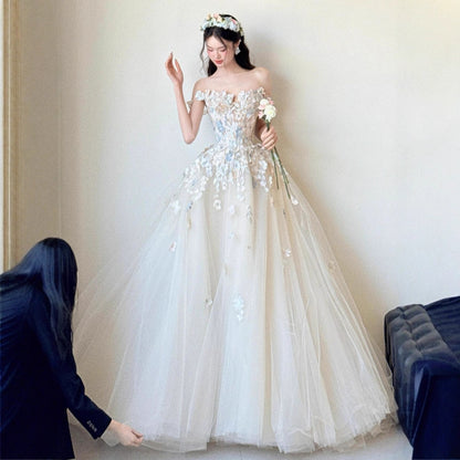 Off Shoulder 3D Floral Tulle Ball Gown Wedding Dress