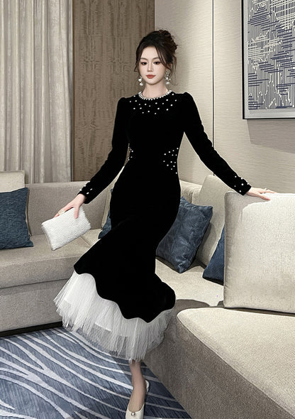zona black Beaded irregular hem velvet fishtail maxi dress