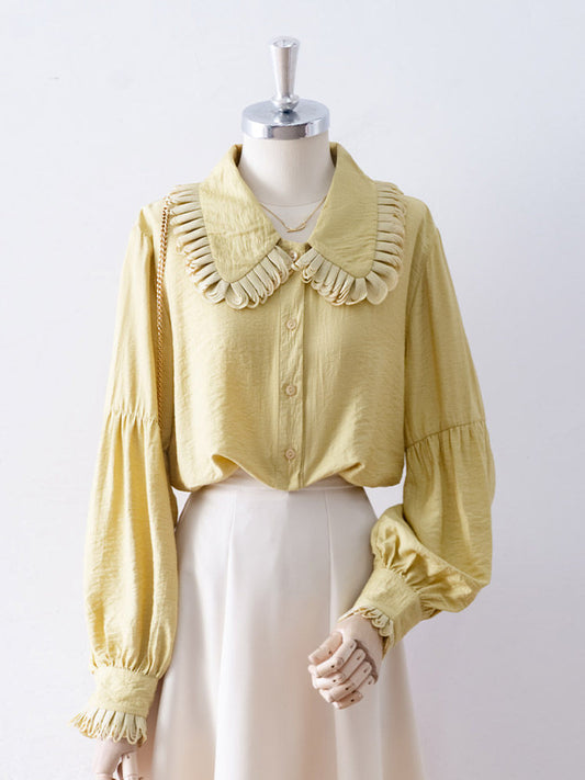 Layered Ruffle Collar Puff Long Sleeve Textured Blouse