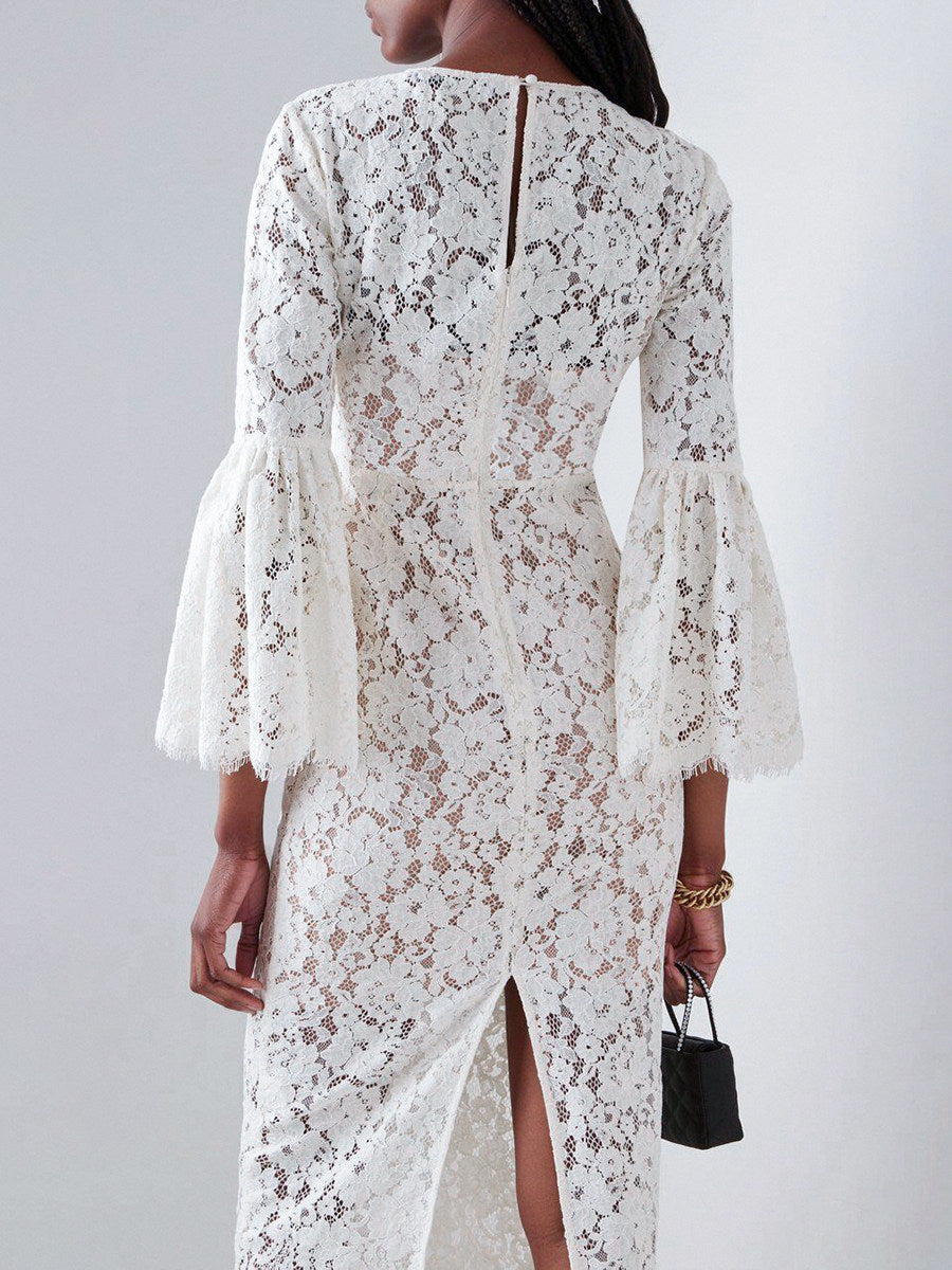 white lace hollow midi dress