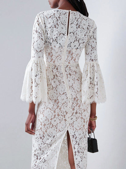 white lace hollow midi dress