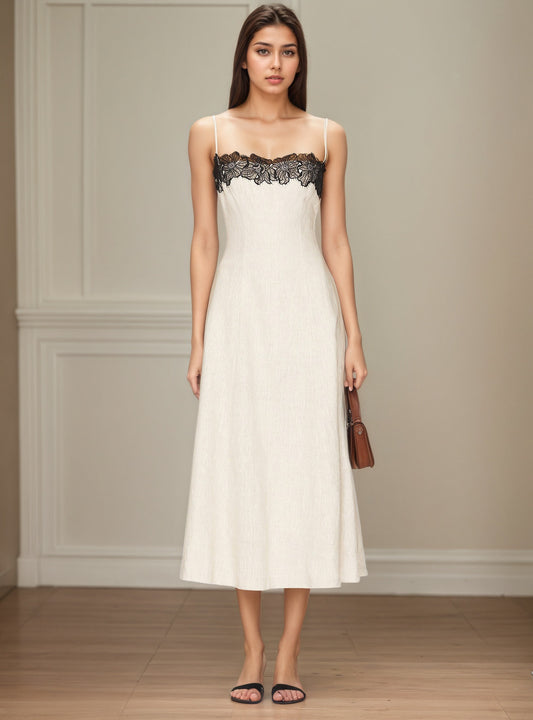 Off White Thin Strap Black Lace Trim Midi Dress Slim Fit Flowy Linen Blend Slip Dress