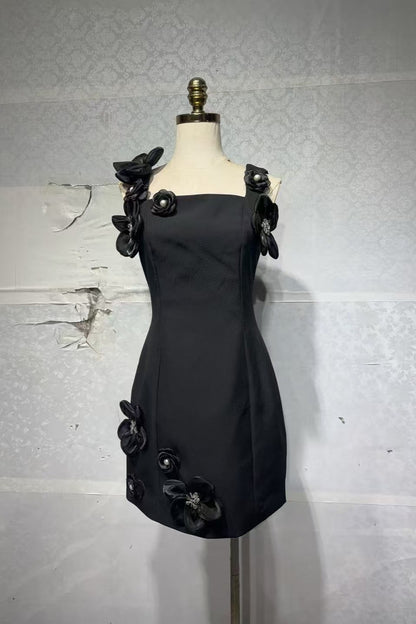 3D Flower Diamond embellished mini dress in black