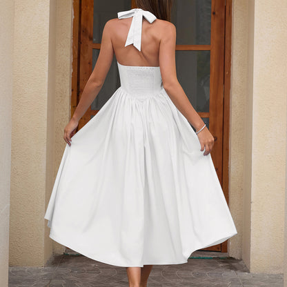 Halter Square Neck V-Waist Flared Midi Dress