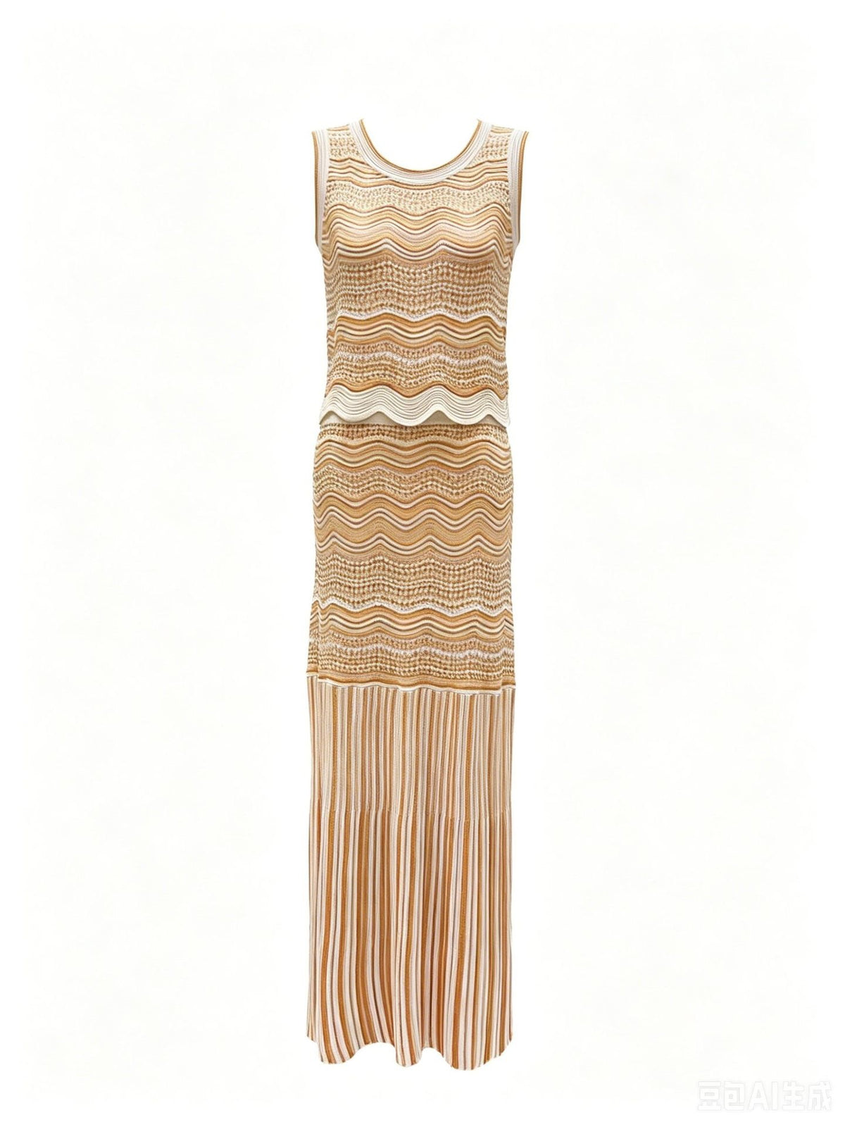 Beige Pointelle Knit Fitted Column Two-Piece Set
