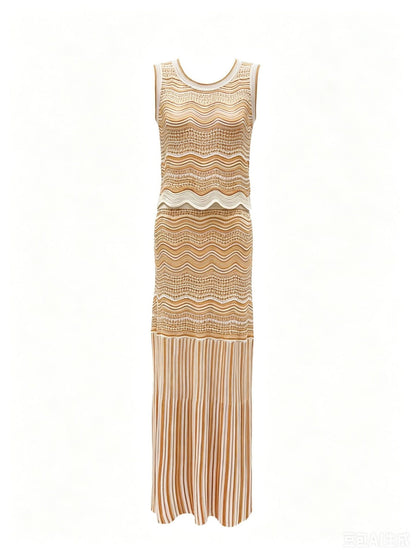 Beige Pointelle Knit Fitted Column Two-Piece Set