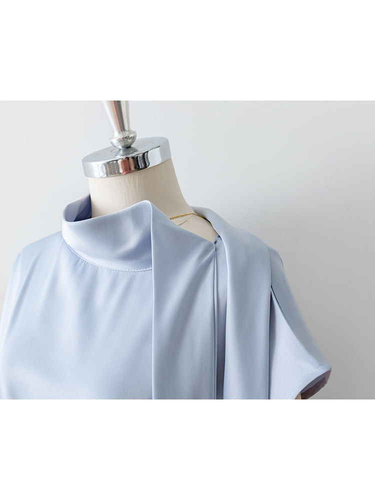 Asymmetrical Side Big Bow Stand Collar Cap Sleeve Satin Blouse