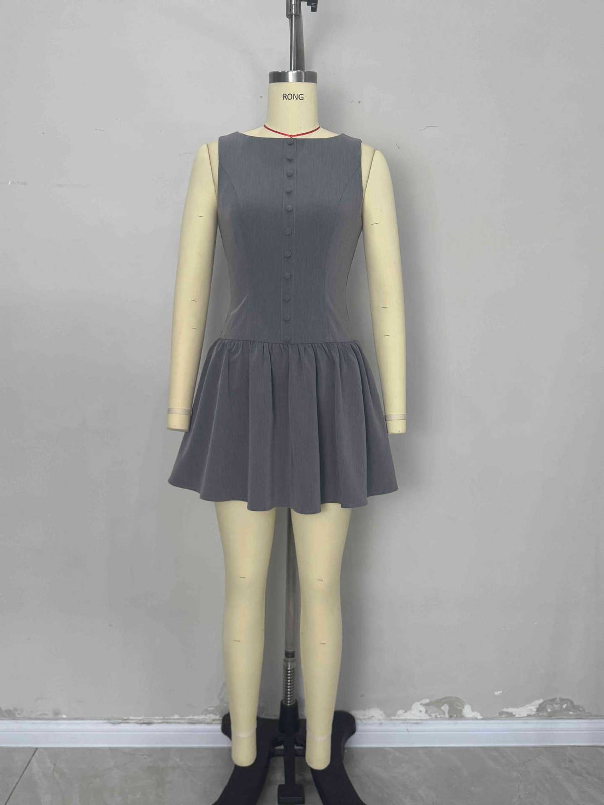 Grey Boat Neck Sleeveless Button Front Gathered Flare Mini Dress