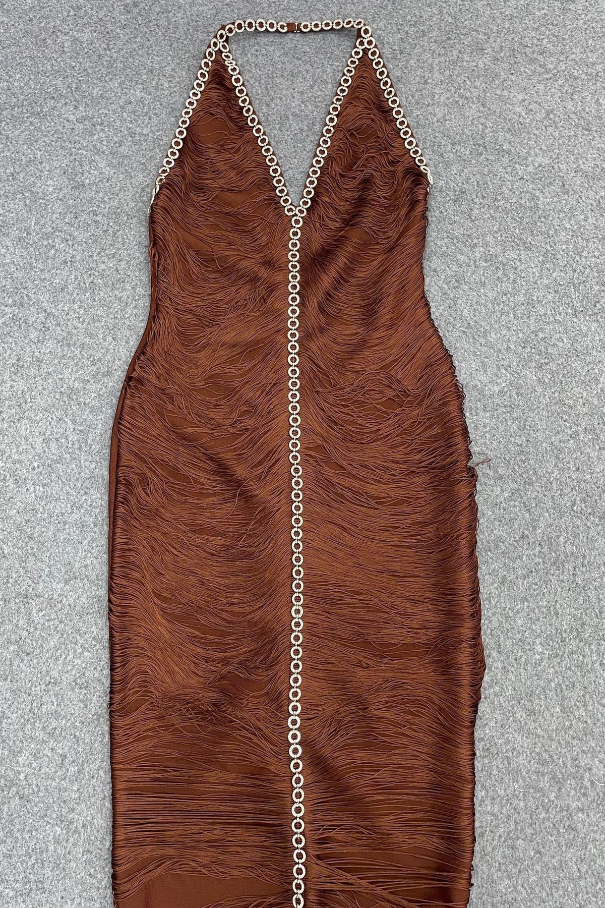 chocolate brown micro-fringe textured synthetic sheath dress