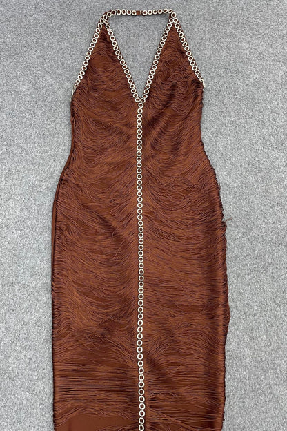 chocolate brown micro-fringe textured synthetic sheath dress