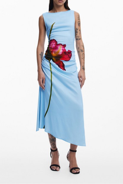 floral print with a ruched waist sleeveless midi dress
