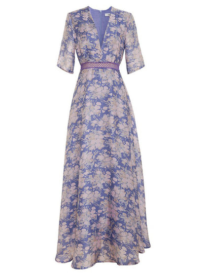 purple floral printed V-neck maxi dress
