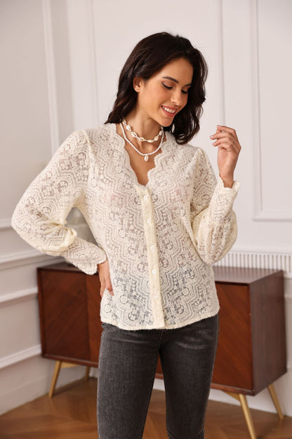 V-neck long sleeve lace top