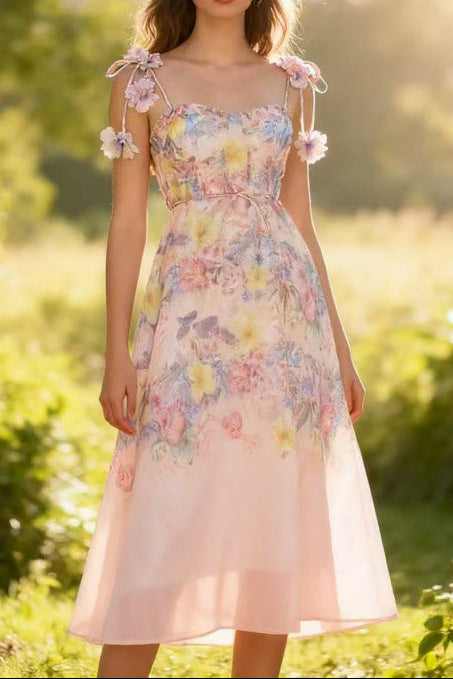 Pastel Floral Print Spaghetti Strap Midi Dress with 3D Flower Appliqués