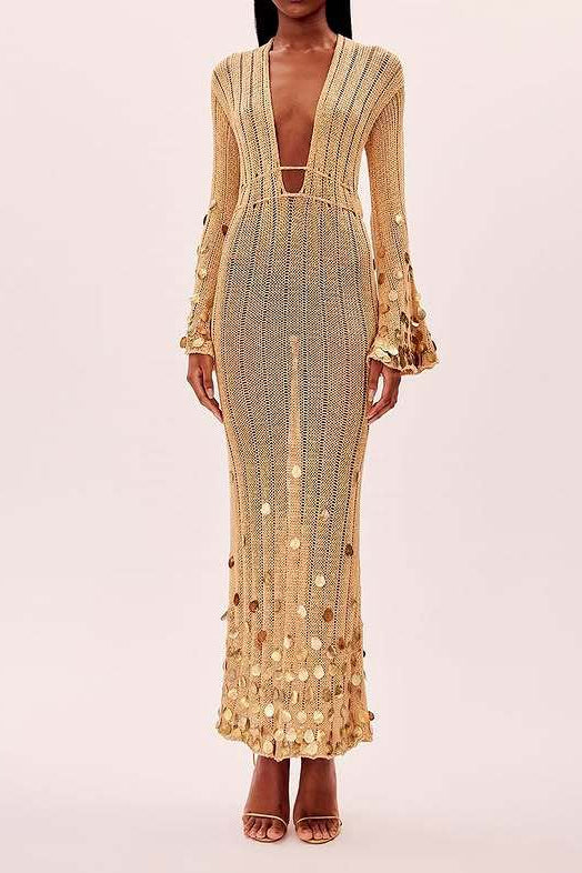 elma Golden Aura v-neck Knitted maxi Dress
