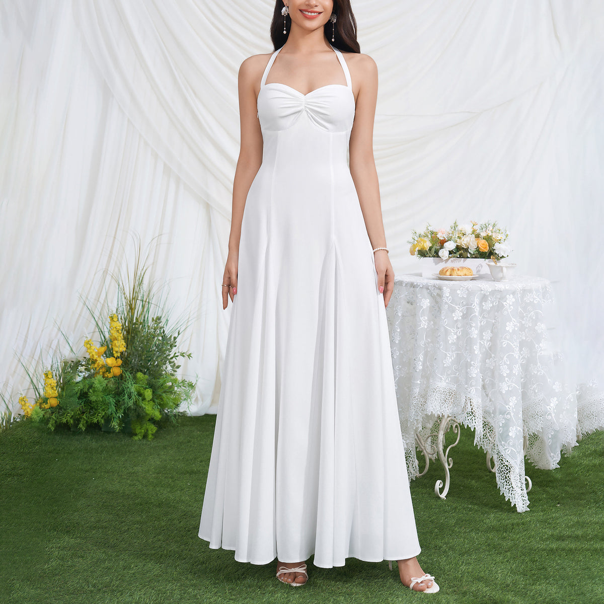 Halter Twist Bust Flowy Chiffon Wedding Maxi Dress