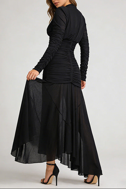 josephine v-neck ruched long-sleeve maxi dress in black