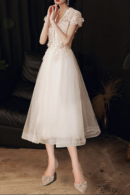 3D Floral Lace Short Sleeve Tulle Floor-Length Evening Gown