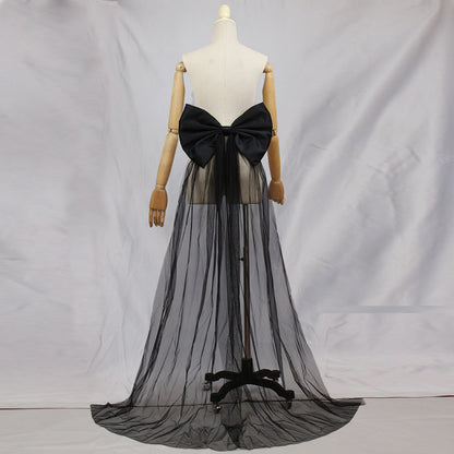 Oversized White Satin Giant Back Bow with Long Sheer Tulle Train Sash