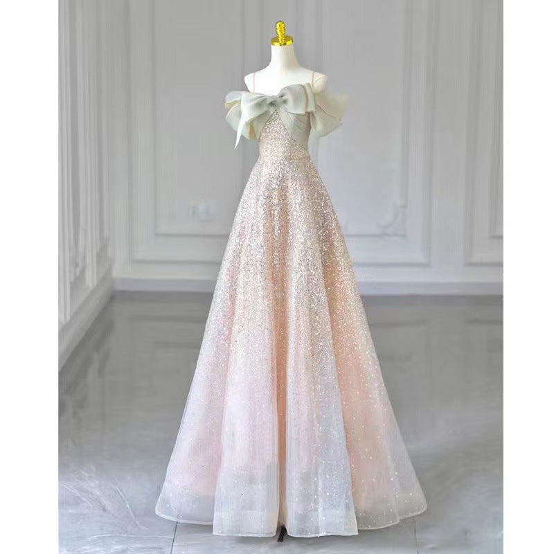 silver sequined tulle a-line gown
