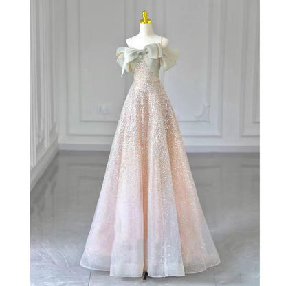 silver sequined tulle a-line gown